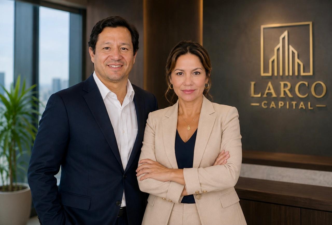 Los socios de Larco Capital en la oficina, delante del logotipo de la empresa.